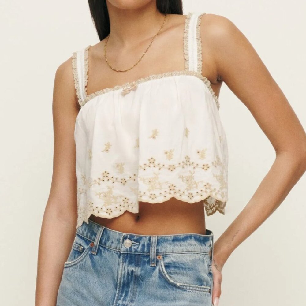 Reformation White Crop Tank Top with Gold Embroidery